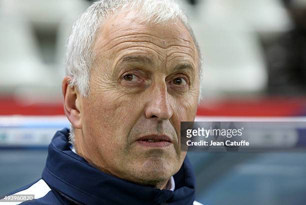 Coach of France Philippe Bergeroo looks on during the women's international friendly match between France and The Netherlands at Stade Jean Bouin on...