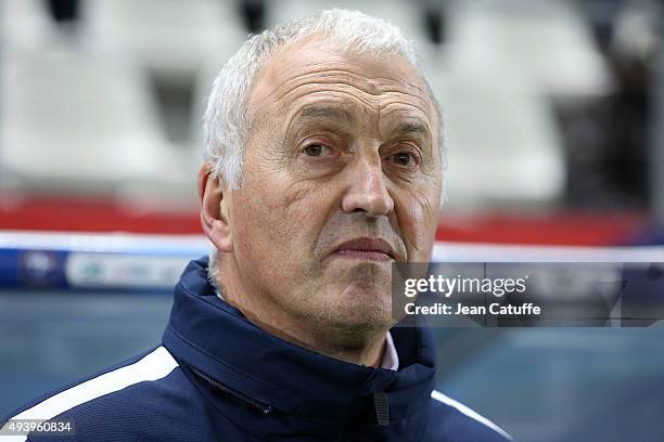 Coach of France Philippe Bergeroo looks on during the women's international friendly match between France and The Netherlands at Stade Jean Bouin on...