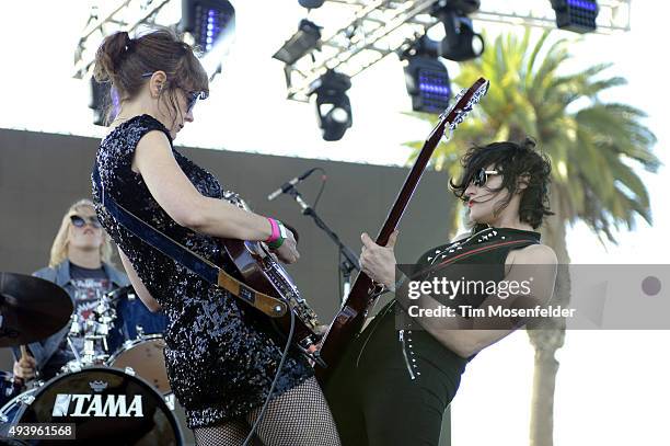 Laura Harris, Mary Timony,and Betsy Wright of Ex Hex perform during the Treasure Island Music Festival on Treasure Island on October 18, 2015 in San...