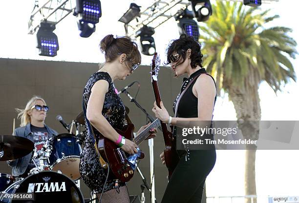 Laura Harris, Mary Timony,and Betsy Wright of Ex Hex perform during the Treasure Island Music Festival on Treasure Island on October 18, 2015 in San...