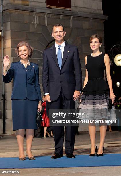 Queen Sofia, King Felipe VI of Spain and Queen Letizia of Spain attend the Princess of Asturias Awards 2015 at the Campoamor Theater on October 23,...