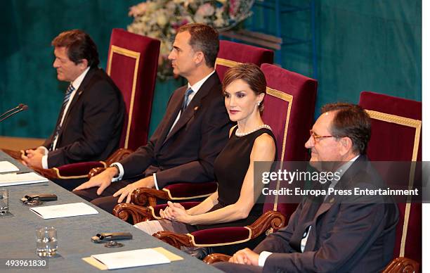 King Felipe VI of Spain and Queen Letizia of Spain attend the Princess of Asturias award 2015 at the Campoamor Theater on October 23, 2015 in Oviedo,...