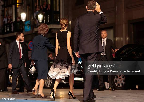 Queen Sofia, Queen Letizia of Spain and King Felipe VI of Spain attend the Princess of Asturias Awards 2015 at the Campoamor Theater on October 23,...