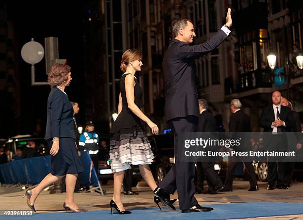 Queen Sofia, Queen Letizia of Spain and King Felipe VI of Spain attend the Princess of Asturias Awards 2015 at the Campoamor Theater on October 23,...