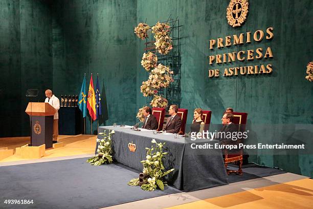 King Felipe VI of Spain and Queen Letizia of Spain attend the Princess of Asturias award 2015 at the Campoamor Theater on October 23, 2015 in Oviedo,...