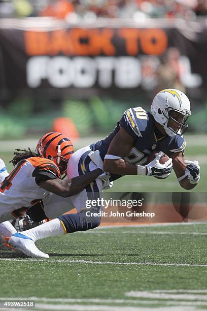 Malcom Floyd of the San Diego Chargers hauls in the pass during the game against the Cincinnati Bengals at Paul Brown Stadium on September 20, 2015...