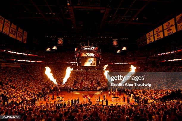 The Miami Heat are introduced prior to Game Four of the Eastern Conference Finals of the 2014 NBA Playoffs against the Indiana Pacers at American...