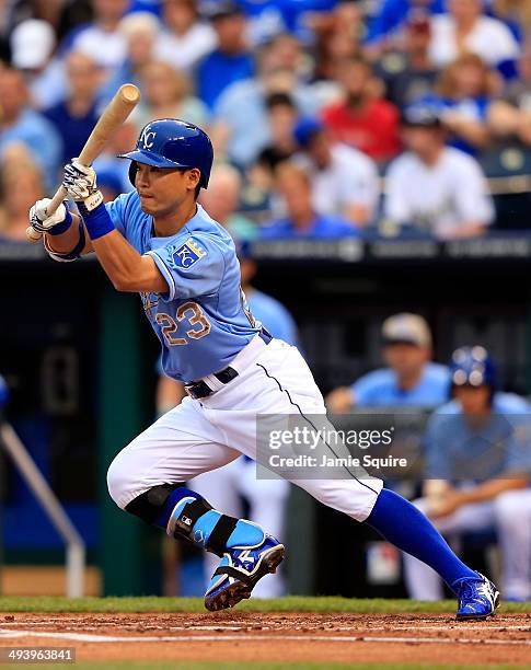 Norichika Aoki of the Kansas City Royals bunts during the first inning of the game against the Houston Astros at Kauffman Stadium on May 26, 2014 in...