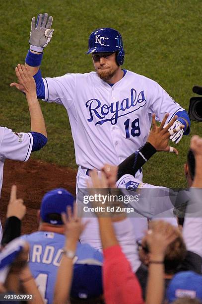 Ben Zobrist of the Kansas City Royals celebrates after hitting a solo home run in the first inning against the Toronto Blue Jays in game six of the...