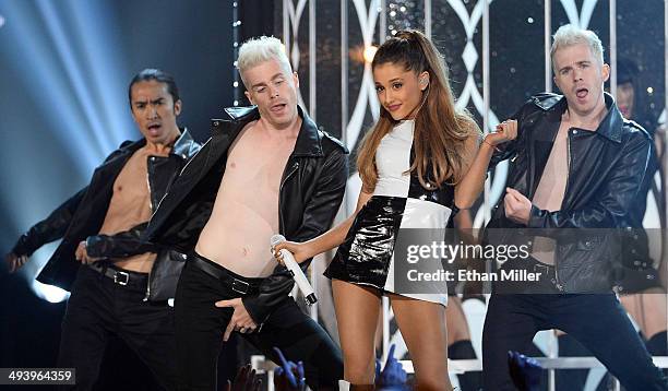 Recording artist Ariana Grande performs with dancers during the 2014 Billboard Music Awards at the MGM Grand Garden Arena on May 18, 2014 in Las...