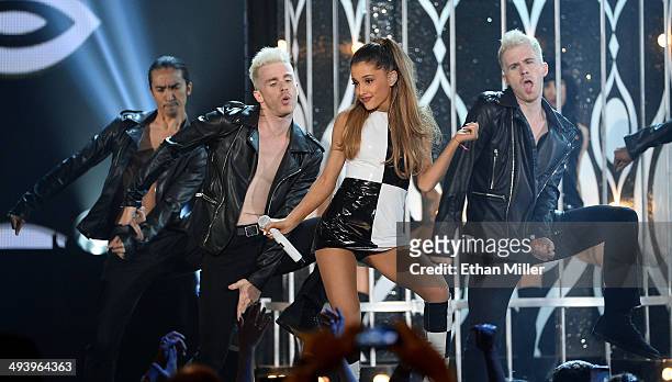 Recording artist Ariana Grande performs with dancers during the 2014 Billboard Music Awards at the MGM Grand Garden Arena on May 18, 2014 in Las...