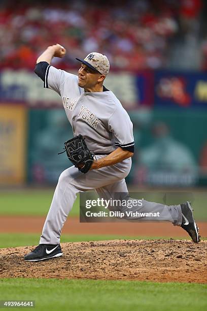 Reliever Alfredo Aceves of the New York Yankees pitches against the St. Louis Cardinals in the ninth inning at Busch Stadium on May 26, 2014 in St....