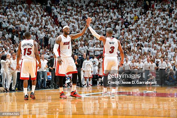 LeBron James and Dwyane Wade of the Miami Heat celebrate during a game against the Indiana Pacers in Game Four of the Eastern Conference Semifinals...