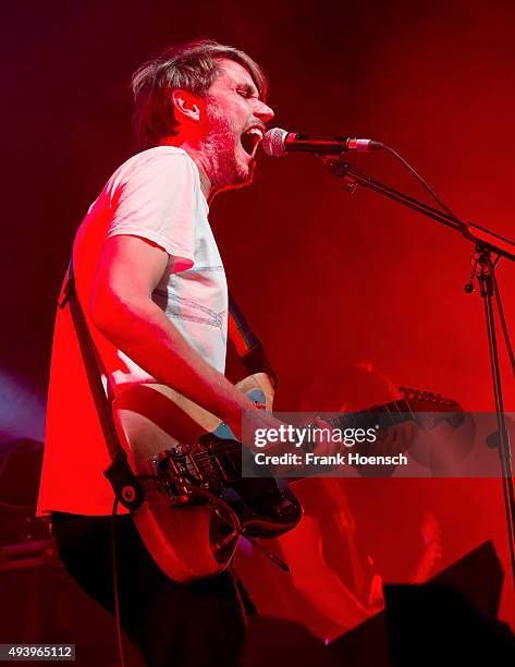 Singer Dirk von Lowtzow of the German band Tocotronic performs live during a concert at the Columbiahalle on October 23, 2015 in Berlin, Germany.