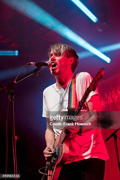 Singer Dirk von Lowtzow of the German band Tocotronic performs live during a concert at the Columbiahalle on October 23, 2015 in Berlin, Germany.