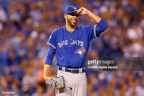 David Price of the Toronto Blue Jays reacts in the third inning while taking on the Kansas City Royals in game six of the 2015 MLB American League...