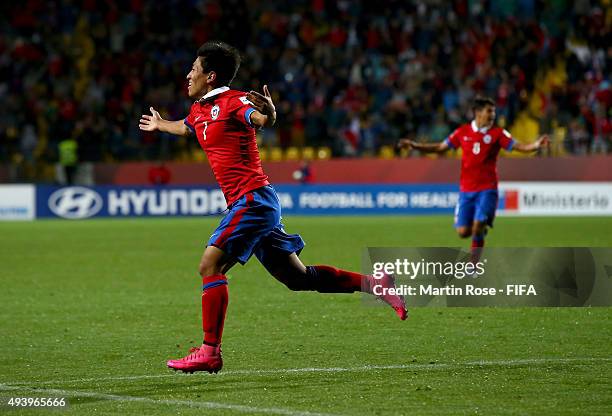 Gonzalo Jara of Chile celebrates after scoring the 3rd goal during the FIFA U-17 Men's World Cup 2015 group A match between USA and Chile at Estadio...