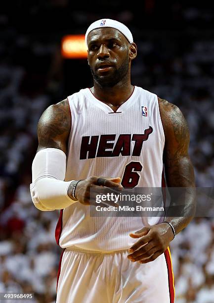 LeBron James of the Miami Heat reacts against the Indiana Pacers during Game Four of the Eastern Conference Finals of the 2014 NBA Playoffs at...