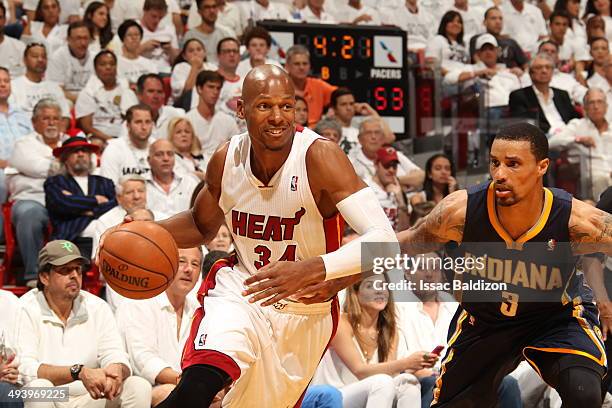 Ray Allen of the Miami Heat drives against the Indiana Pacers in Game Four of the Eastern Conference Finals during the 2014 NBA Playoffs at the...