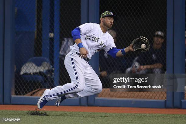 Kevin Pillar of the Toronto Blue Jays makes a running catch in the eighth inning during MLB game action against the Tampa Bay Rays on May 26, 2014 at...