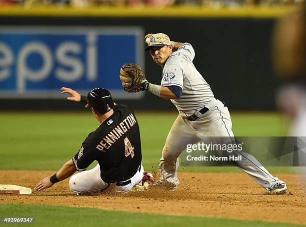 Everth Cabrera of the San Diego Padres turns a double play as Cliff Pennington of the Arizona Diamondbacks slides into second base at Chase Field on...