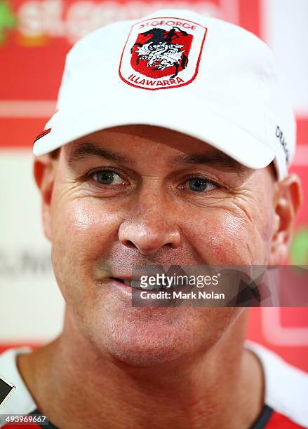 New Dragons coach Paul McGregor talks to the media after a St George Illawarra Dragons NRL training session at WIN Stadium on May 27, 2014 in...
