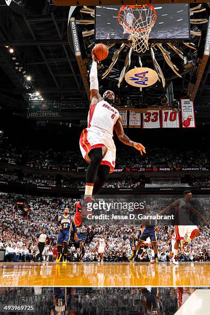 LeBron James of the Miami Heat dunks against the Indiana Pacers in Game Four of the Eastern Conference Semifinals during the 2014 NBA Playoffs on May...