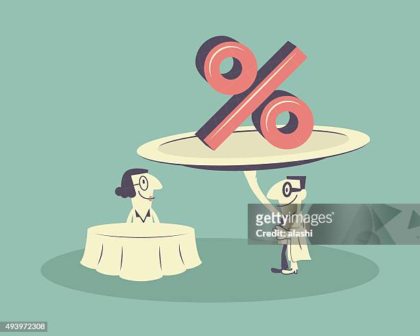 smiling customer and businessman, plate of percent symbol - 1950 2015 stock illustrations