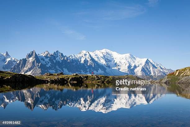 runner in red runs in the french alps near chamonix - mont blanc massif stock pictures, royalty-free photos & images