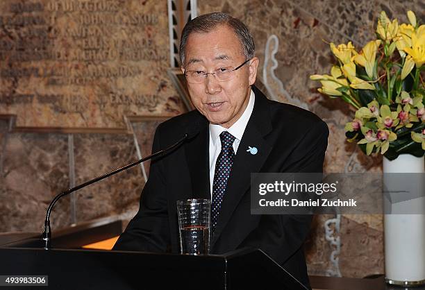 United Nations Secretary-General Ban Ki-moon attends the lighting of The Empire State building on October 23, 2015 in New York City.