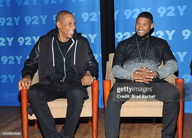 Musician Jay-Z and Usher attend the 92nd Street Y presents: "Breaking The Chains" of Social Injustice at 92nd Street Y on October 23, 2015 in New...