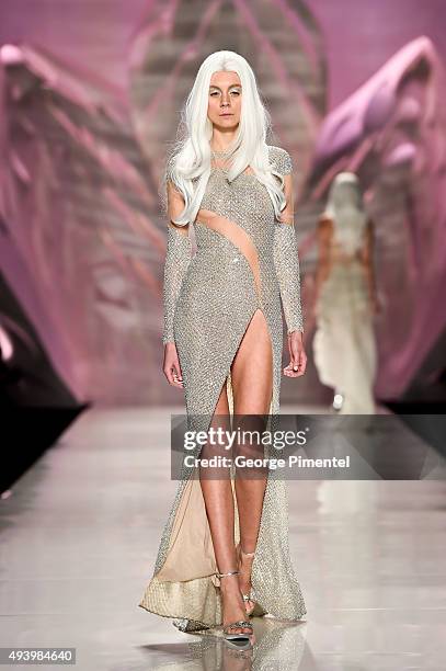 Model walks the runway wearing Mikael D spring 2016 collection during World MasterCard Fashion Week Spring 2016 at David Pecaut Square on October 23,...