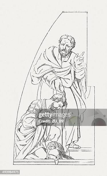 illustrazioni stock, clip art, cartoni animati e icone di tendenza di peter baptizing centurion cornelius, publ. 1881 - centurione