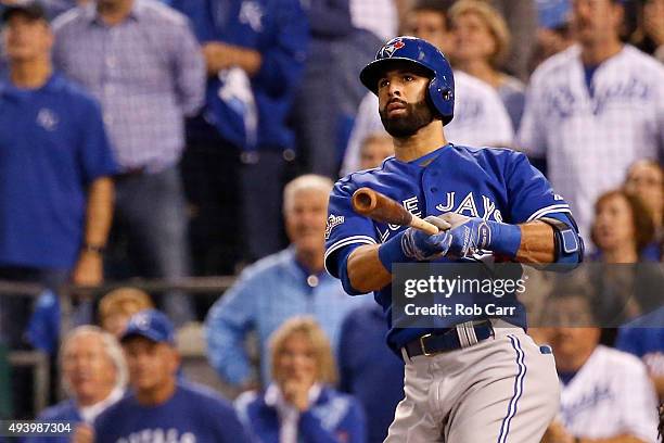Jose Bautista of the Toronto Blue Jays hits a two-run home run in the eighth inning against the Kansas City Royals in game six of the 2015 MLB...