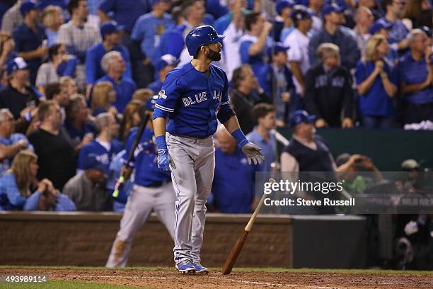 Jose Bautista hits a two run homer. The Toronto Blue Jays and the Kansas City Royals play game six of the MLB American League Championship Series at...