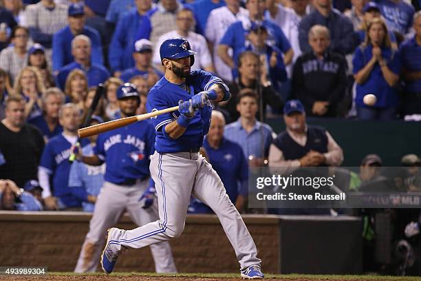 Jose Bautista hits a two run homer. The Toronto Blue Jays and the Kansas City Royals play game six of the MLB American League Championship Series at...