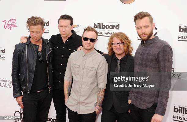 Musicians Ryan Tedder, Drew Brown, Eddie Fisher, Brent Kutzle and Zach Filkins of OneRepublic arrive at the 2014 Billboard Music Awards at the MGM...