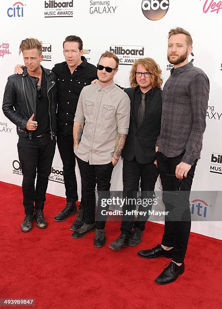 Musicians Ryan Tedder, Drew Brown, Eddie Fisher, Brent Kutzle and Zach Filkins of OneRepublic arrive at the 2014 Billboard Music Awards at the MGM...