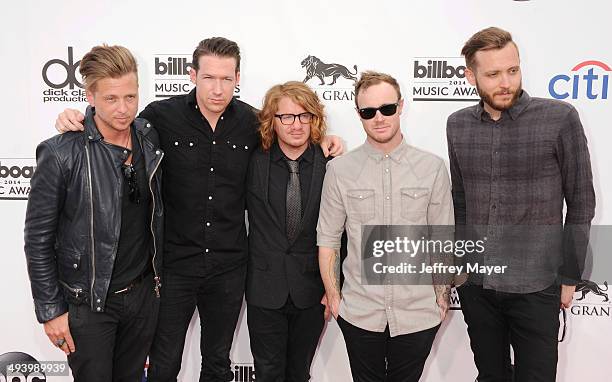 Musicians Ryan Tedder, Drew Brown, Eddie Fisher, Brent Kutzle and Zach Filkins of OneRepublic arrive at the 2014 Billboard Music Awards at the MGM...