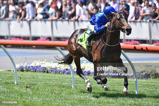 James McDonald riding Holler wins Race 4 during Cox Plate Day at Moonee Valley Racecourse on October 24, 2015 in Melbourne, Australia.