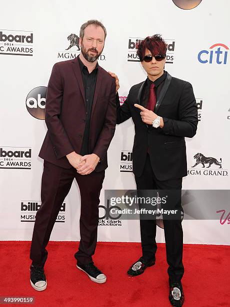 Actor/comedian Tom Green and magician Criss Angel arrive at the 2014 Billboard Music Awards at the MGM Grand Garden Arena on May 18, 2014 in Las...