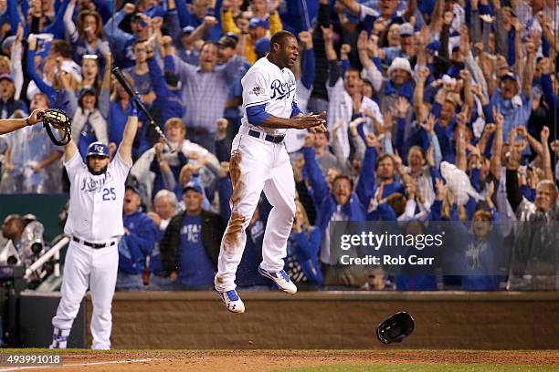 Lorenzo Cain of the Kansas City Royals celebrates after scoring in the eigthth inning against the Toronto Blue Jays in game six of the 2015 MLB...