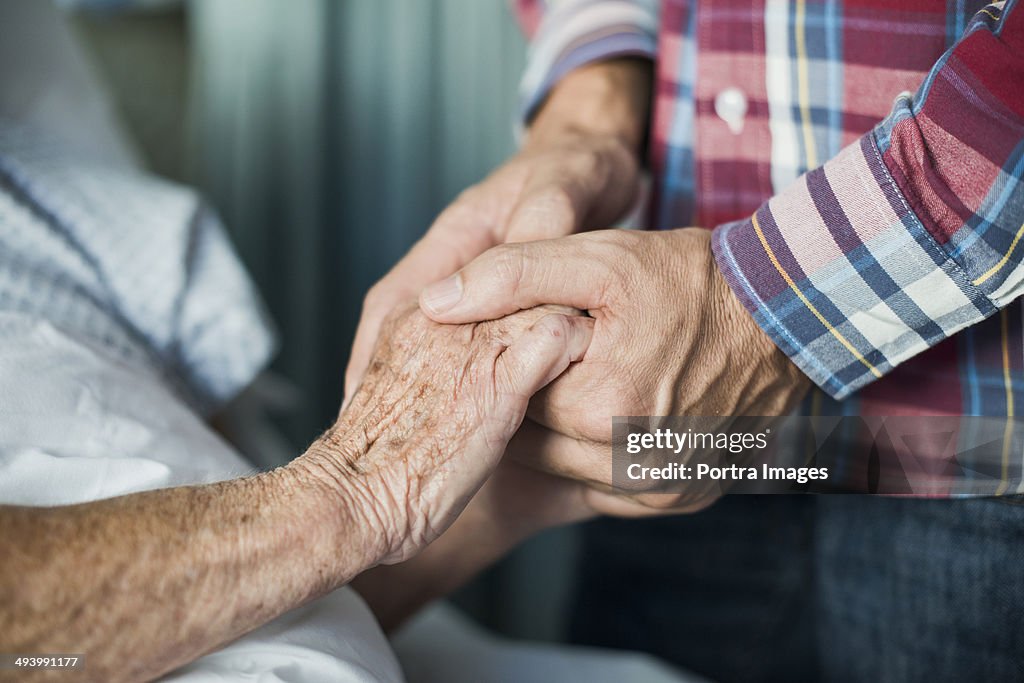 Close up of son holding his mothers hands