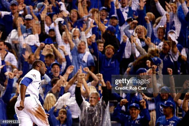 Lorenzo Cain of the Kansas City Royals celebrates after scoring in the eigthth inning against the Toronto Blue Jays in game six of the 2015 MLB...