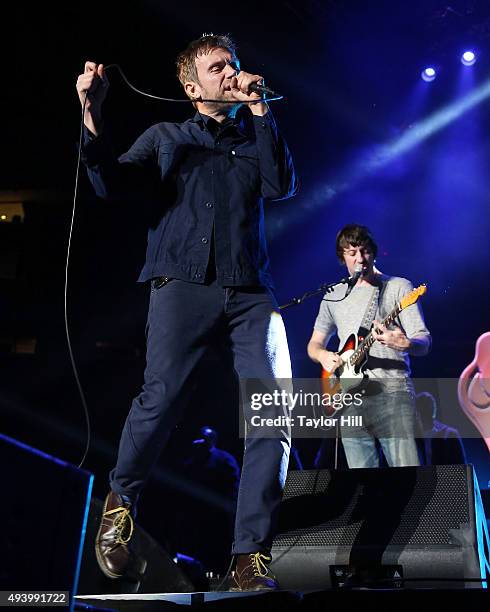 Damon Albarn and Graham Coxon of Blur perform at Madison Square Garden on October 23, 2015 in New York City.