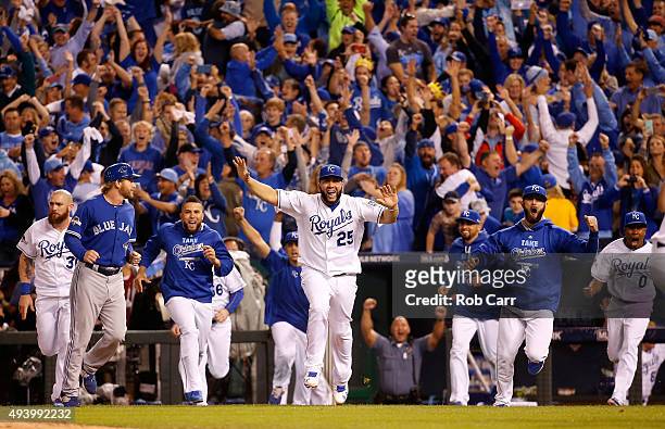 Kendrys Morales of the Kansas City Royals celebrates after the Royals 4-3 victory against the Toronto Blue Jays in game six of the 2015 MLB American...