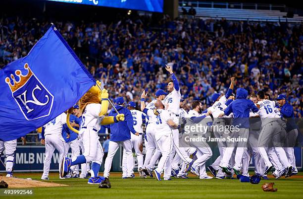 The Kansas City Royals celebrate the 4-3 victory against the Toronto Blue Jays in game six of the 2015 MLB American League Championship Series at...