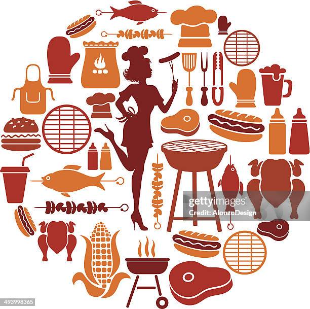 barbecue-collage - barbeque party woman stock-grafiken, -clipart, -cartoons und -symbole
