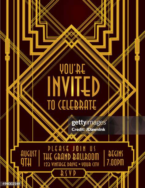 vertical art deco style vintage invitation design template - steampunk stock illustrations