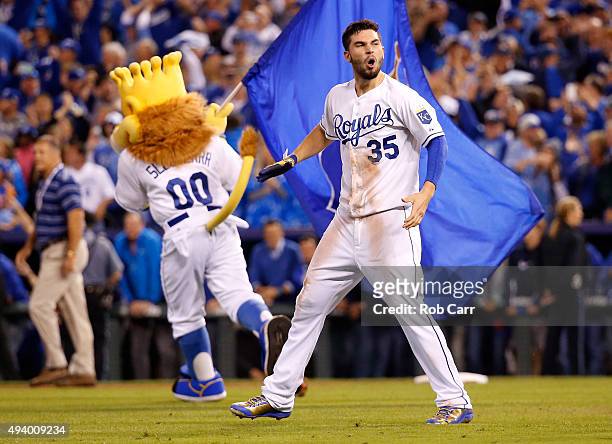 Eric Hosmer of the Kansas City Royals celebrates after the Royals 4-3 victory against the Toronto Blue Jays in game six of the 2015 MLB American...